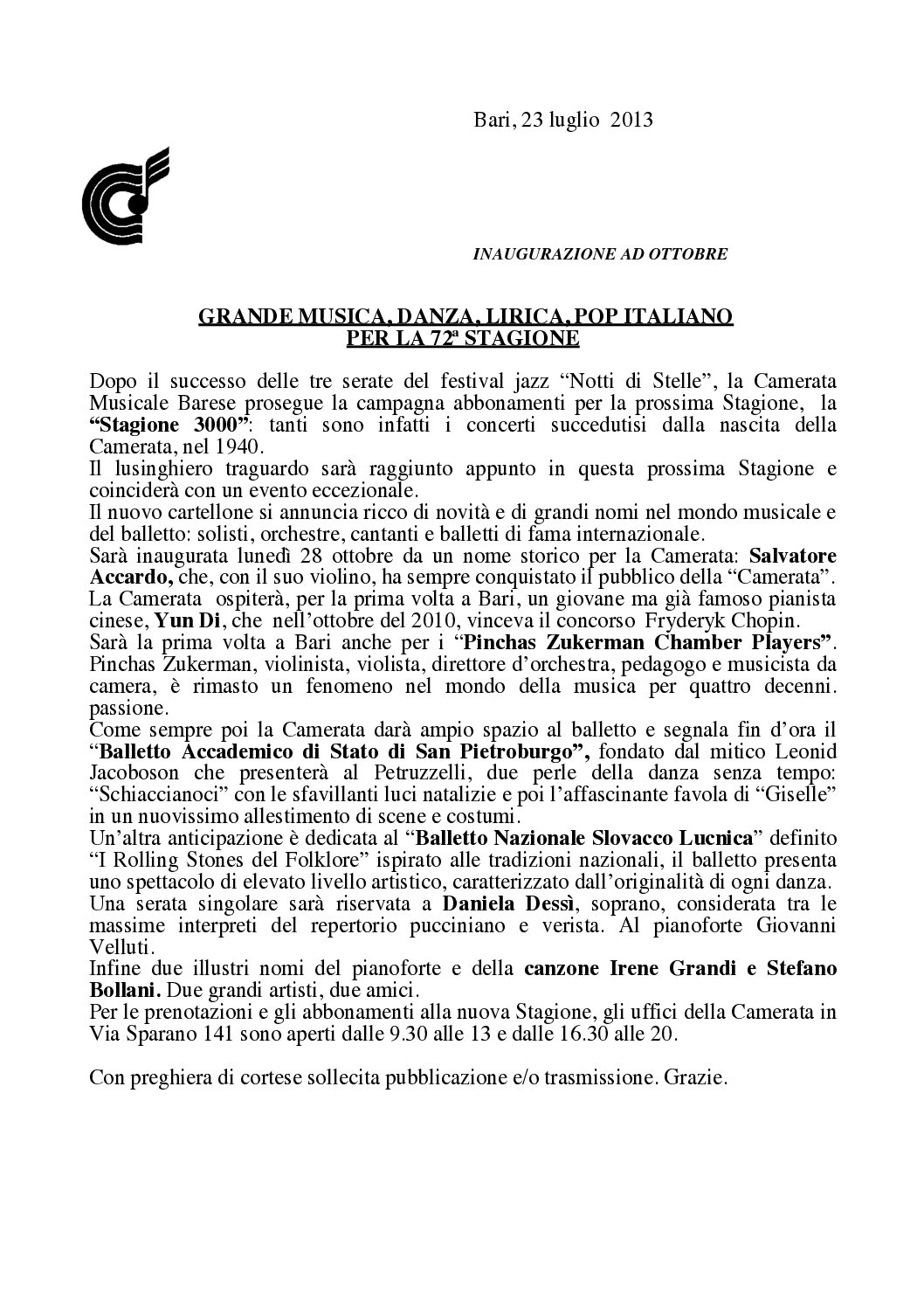 GRANDE MUSICA, DANZA, LIRICA, POP ITALIANO PER LA 72ª STAGIONE
