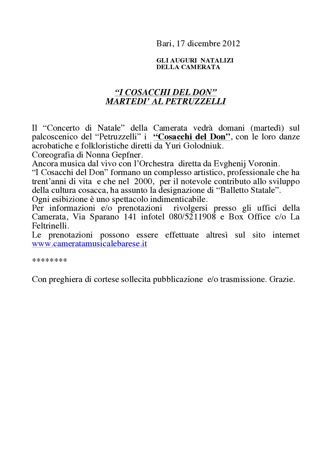 “I COSACCHI DEL DON” MARTEDI’ AL PETRUZZELLI