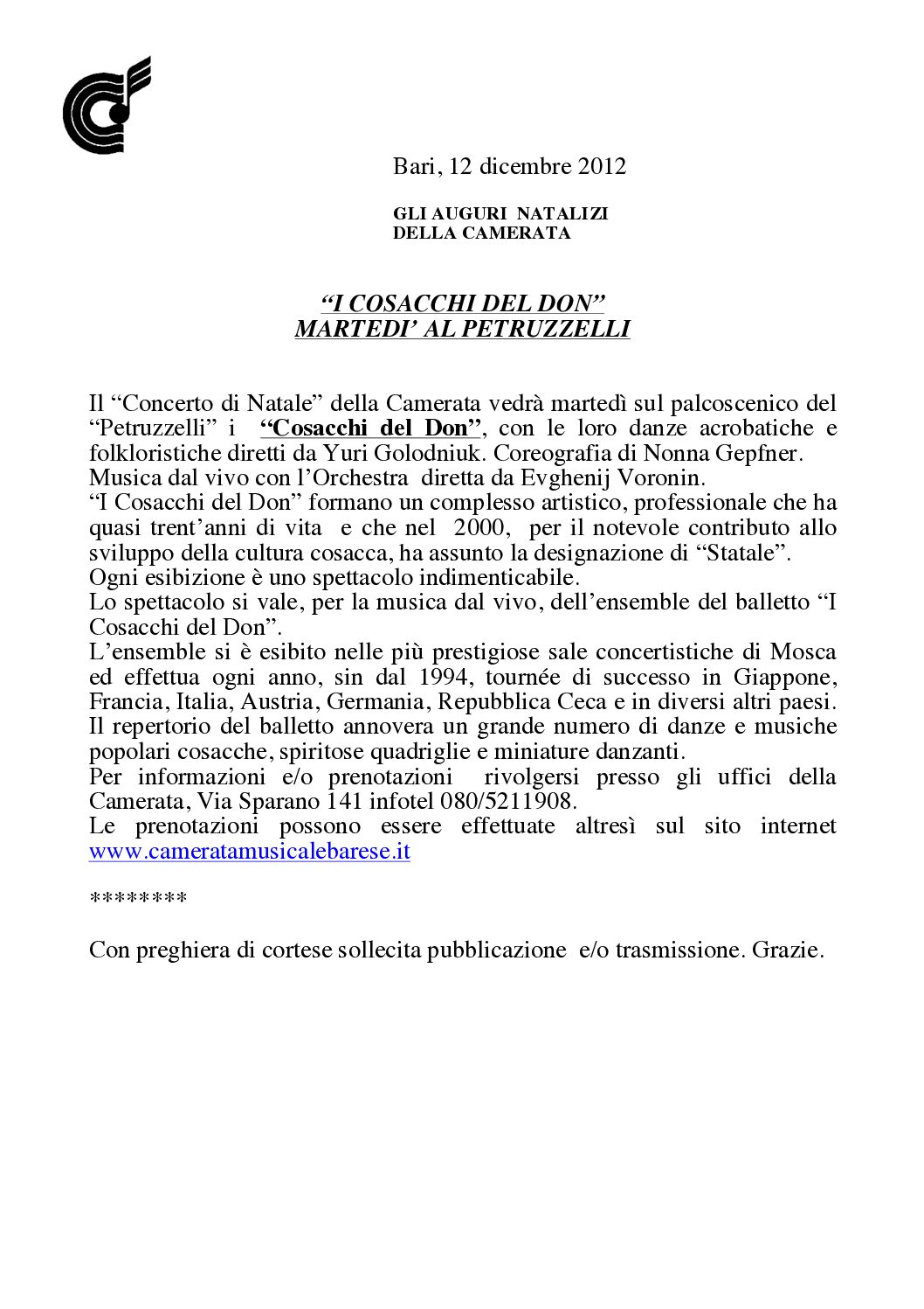 “I COSACCHI DEL DON” MARTEDI’ AL PETRUZZELLI