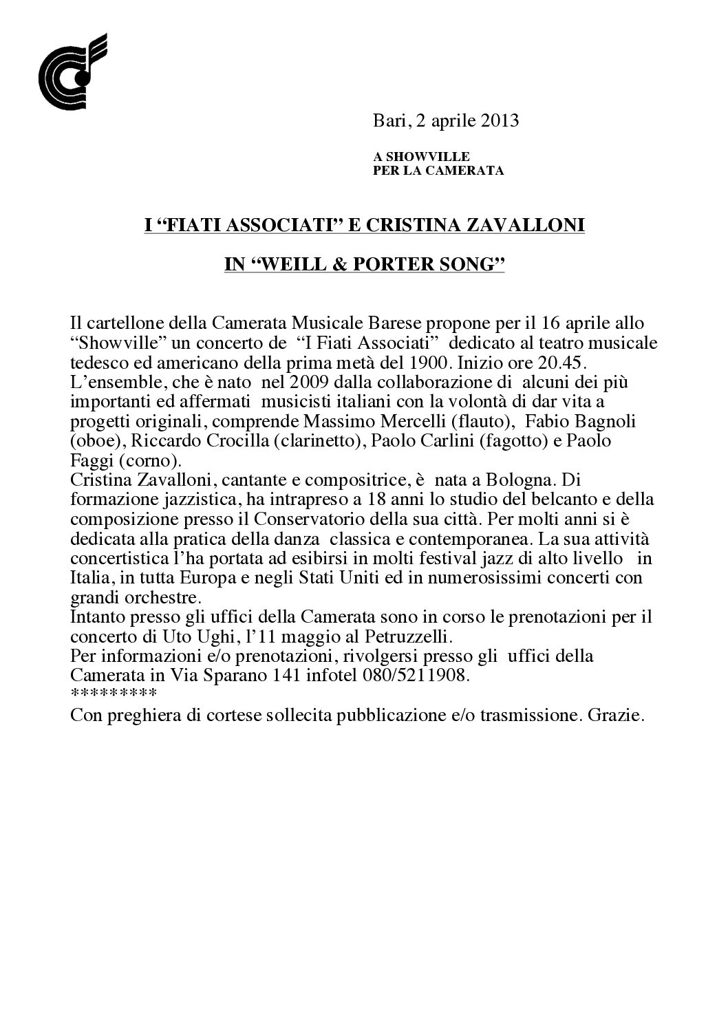 I “FIATI ASSOCIATI” E CRISTINA ZAVALLONI IN “WEILL & PORTER SONG”