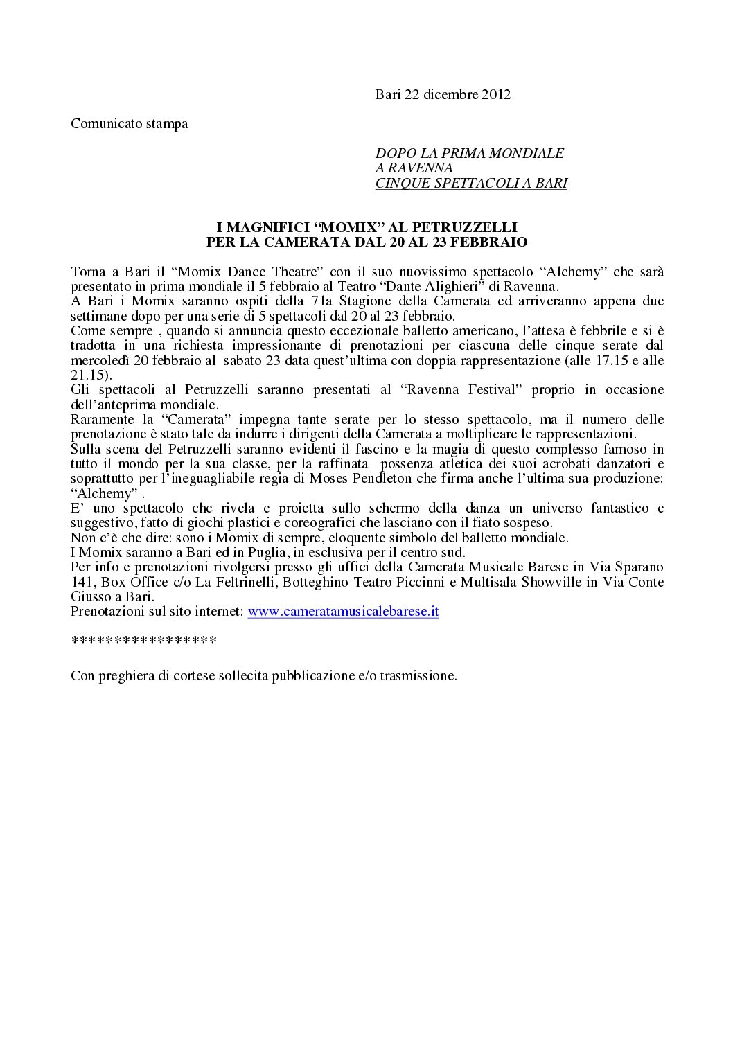 I MAGNIFICI “MOMIX” AL PETRUZZELLI PER LA CAMERATA DAL 20 AL 23 FEBBRAIO
