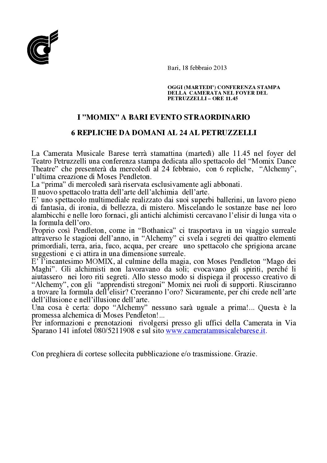 I ”MOMIX” A BARI EVENTO STRAORDINARIO 6 REPLICHE DA DOMANI AL 24 AL PETRUZZELLI