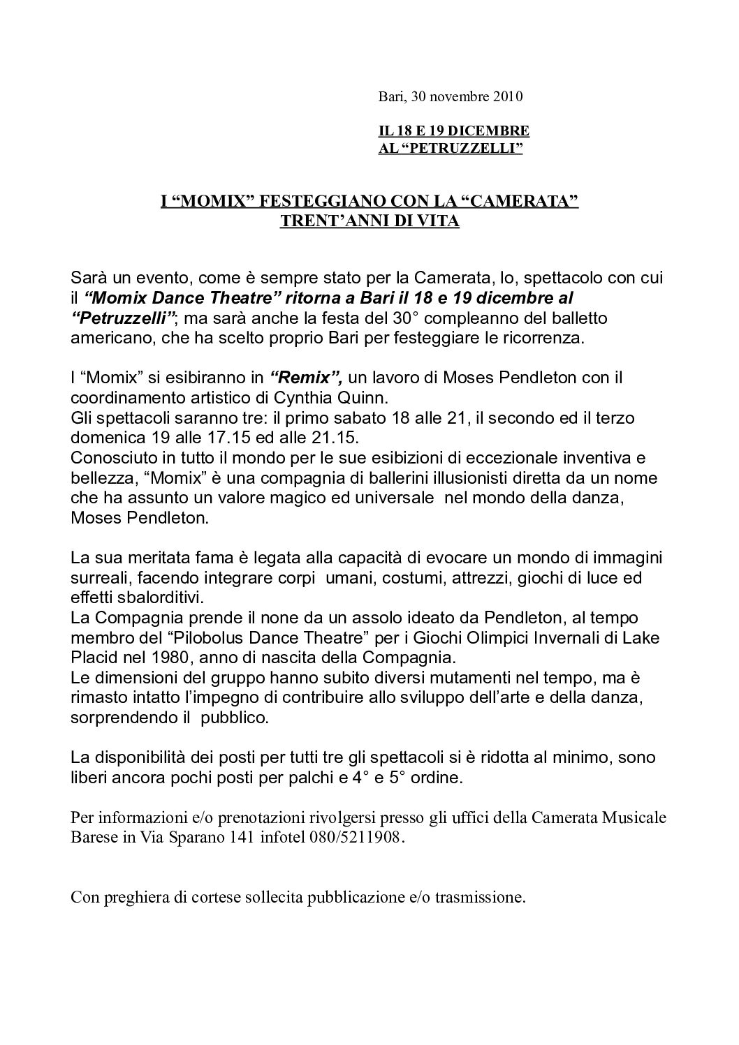 I “MOMIX” FESTEGGIANO CON LA “CAMERATA” TRENT’ANNI DI VITA
