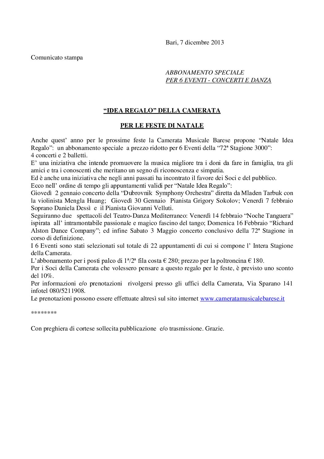 "IDEA REGALO" DELLA CAMERATA PER LE FESTE DI NATALE