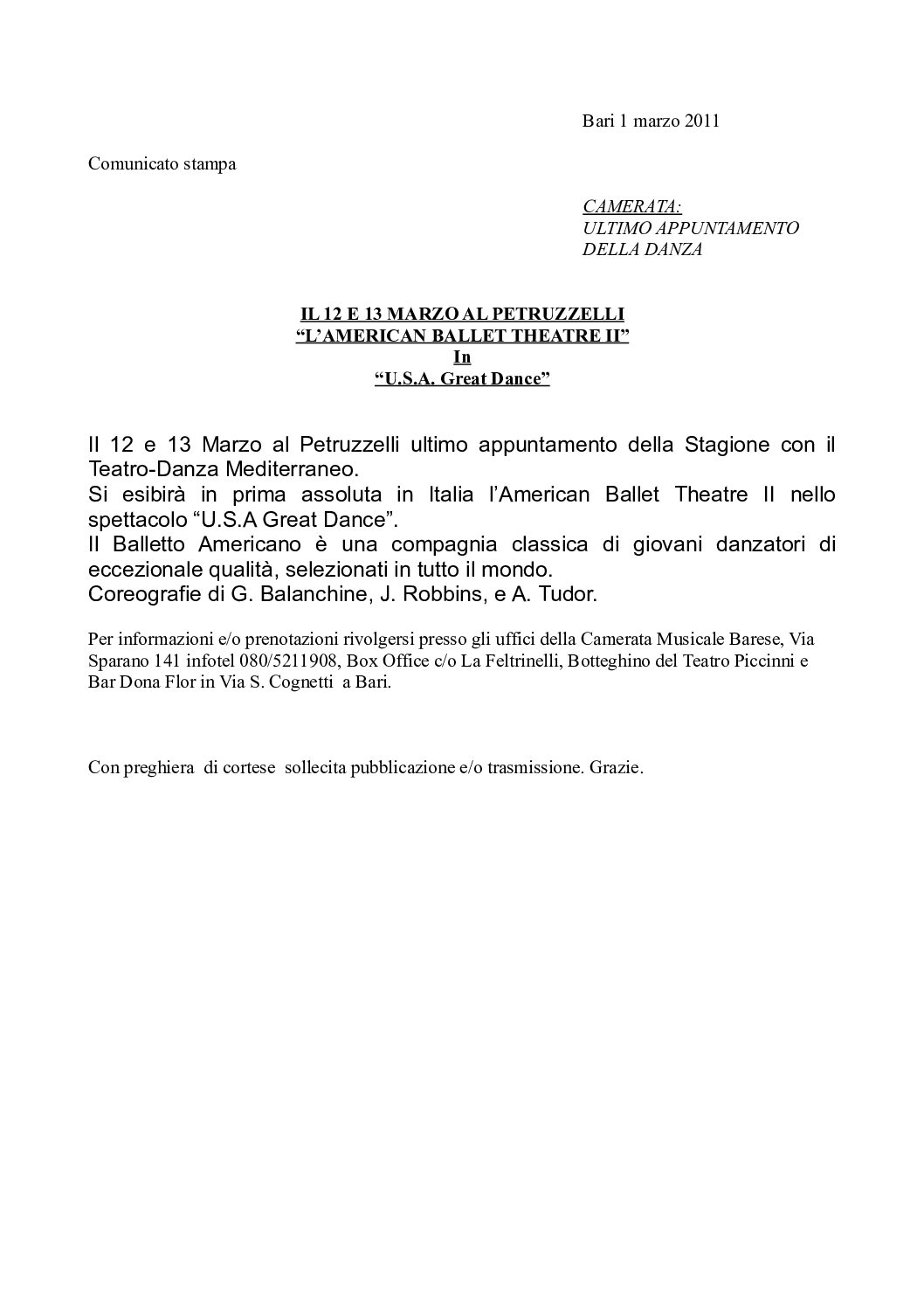 IL 12 E 13 MARZO AL PETRUZZELLI “L’AMERICAN BALLET THEATRE II” In “U.S.A. Great Dance”