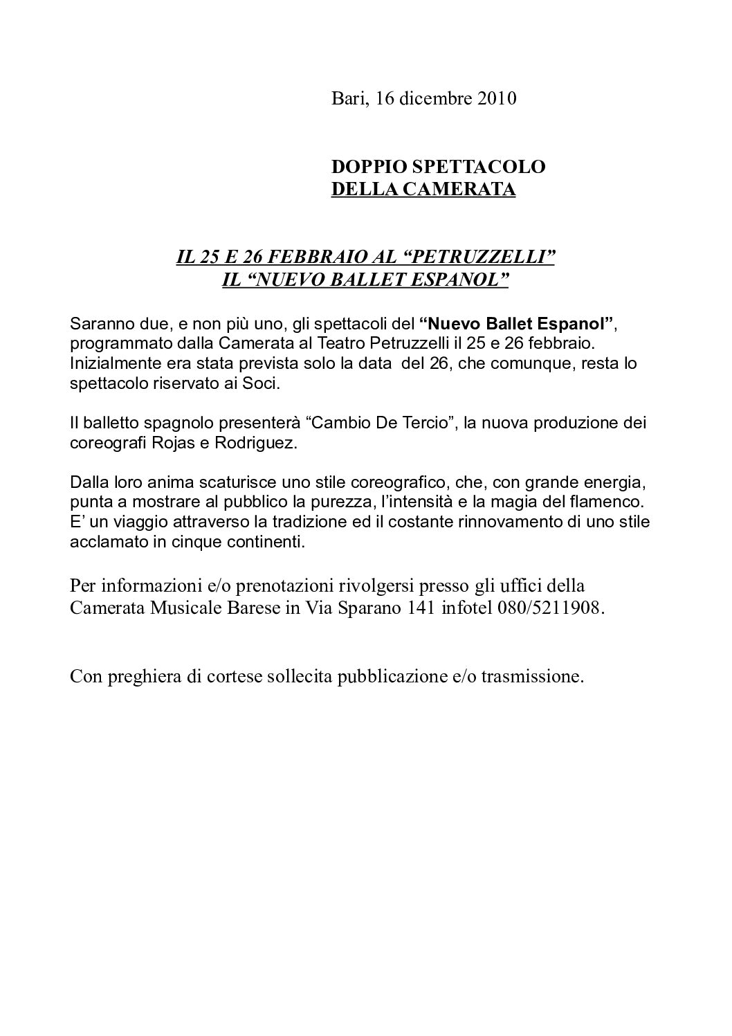 IL 25 E 26 FEBBRAIO AL “PETRUZZELLI” IL “NUEVO BALLET ESPANOL”