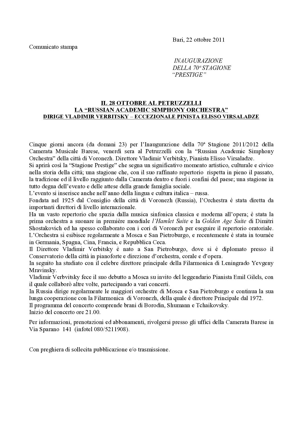 IL 28 OTTOBRE AL PETRUZZELLI LA “RUSSIAN ACADEMIC SIMPHONY ORCHESTRA” DIRIGE VLADIMIR VERBITSKY – ECCEZIONALE PINISTA ELISSO VIRSALADZE