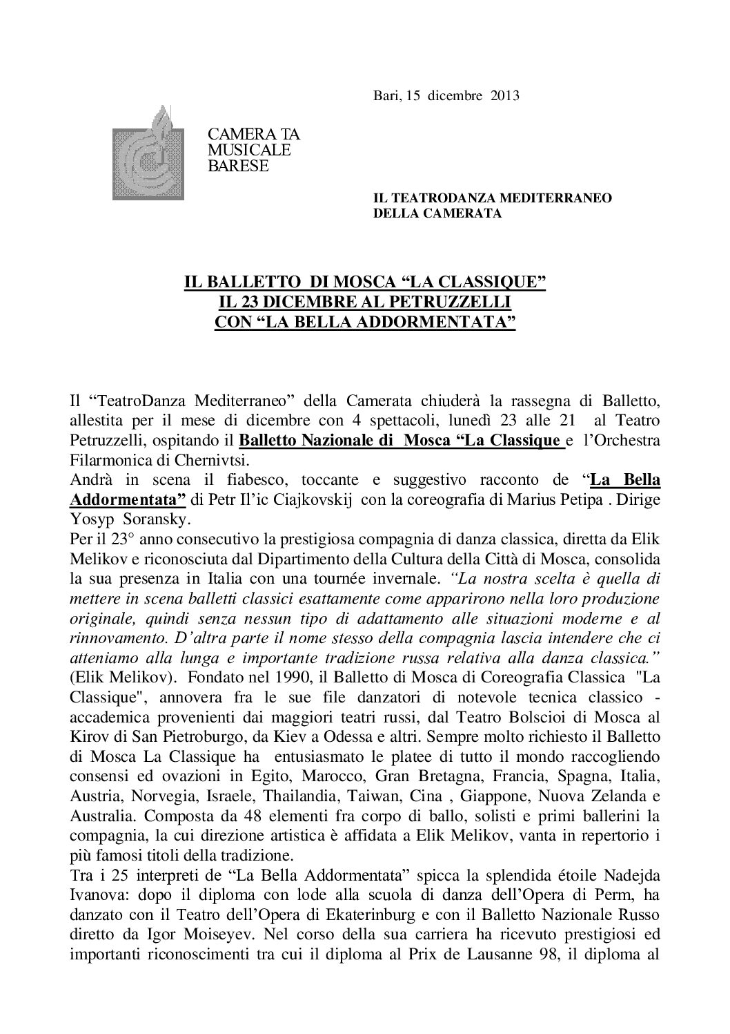 IL BALLETTO DI MOSCA "LA CLASSIQUE" IL 23 DICEMBRE AL PETRUZZELLI CON "LA BELLA ADDORMENTATA"