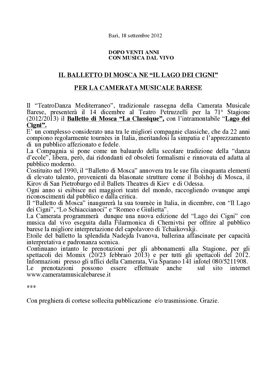 IL BALLETTO DI MOSCA NE “IL LAGO DEI CIGNI” PER LA CAMERATA MUSICALE BARESE