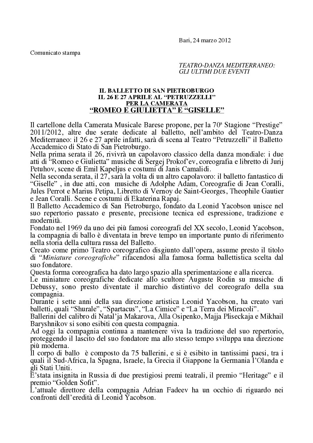 IL BALLETTO DI SAN PIETROBURGO IL 26 E 27 APRILE AL “PETRUZZELLI” PER LA CAMERATA “ROMEO E GIULIETTA” E “GISELLE”