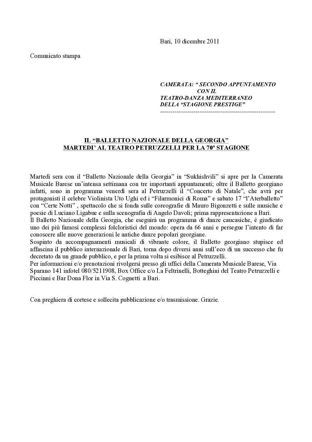 IL “BALLETTO NAZIONALE DELLA GEORGIA” MARTEDI’ AL TEATRO PETRUZZELLI PER LA 70ª STAGIONE