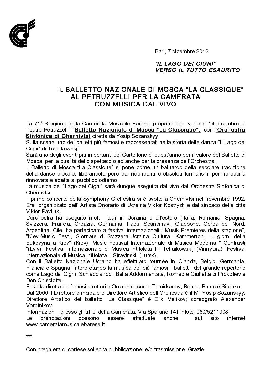 IL BALLETTO NAZIONALE DI MOSCA “LA CLASSIQUE” AL PETRUZZELLI PER LA CAMERATA CON MUSICA DAL VIVO