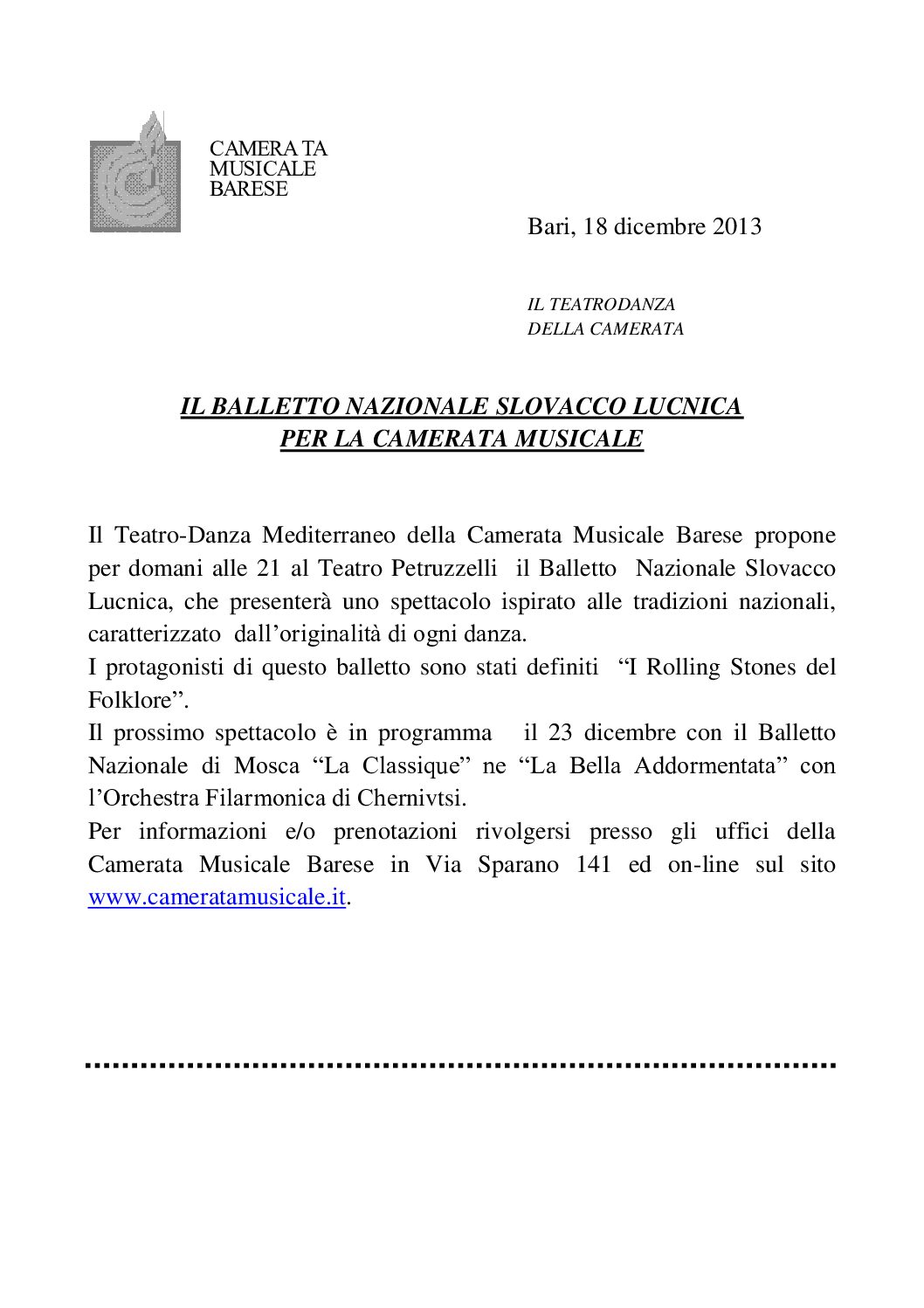 IL BALLETTO NAZIONALE SLOVACCO LUCNICA PER LA CAMERATA MUSICALE
