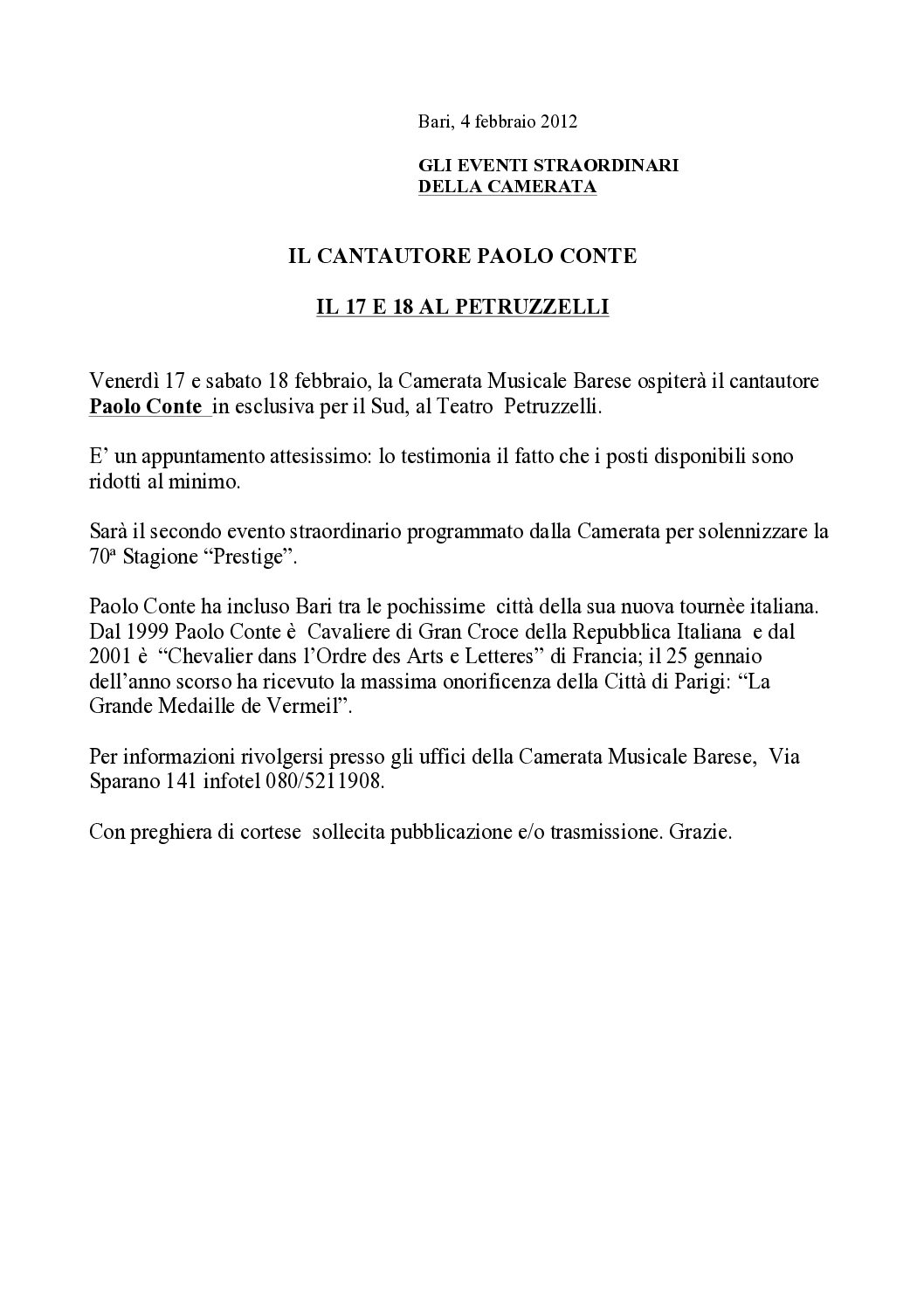 IL CANTAUTORE PAOLO CONTE IL 17 E 18 AL PETRUZZELLI