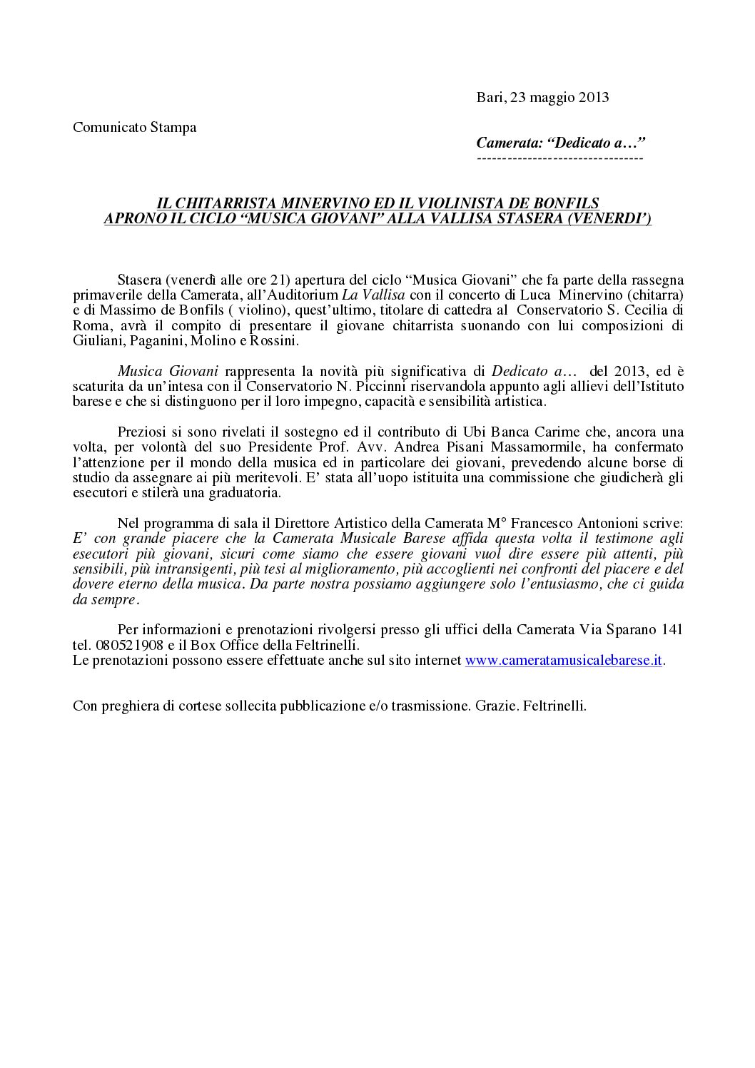IL CHITARRISTA MINERVINO ED IL VIOLINISTA DE BONFILS APRONO IL CICLO “MUSICA GIOVANI” ALLA VALLISA STASERA (VENERDI’)