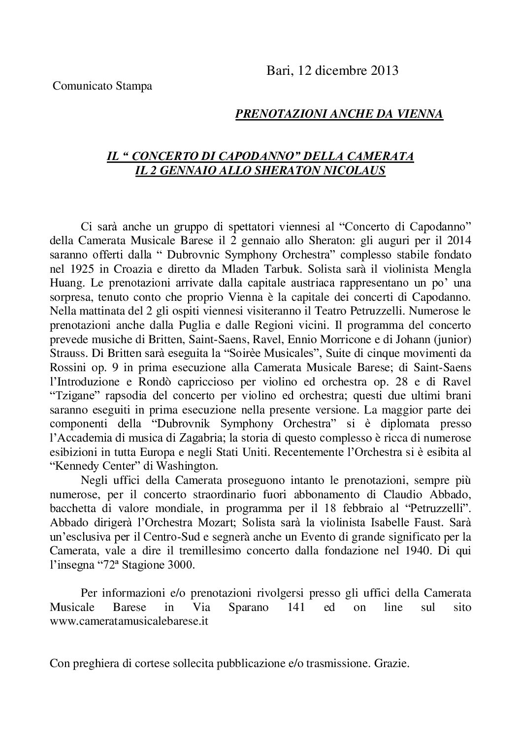 IL "CONCERTO DI CAPODANNO" DELLA CAMERATA IL 2 GENNAIO ALLO SHERATON NICOLAUS