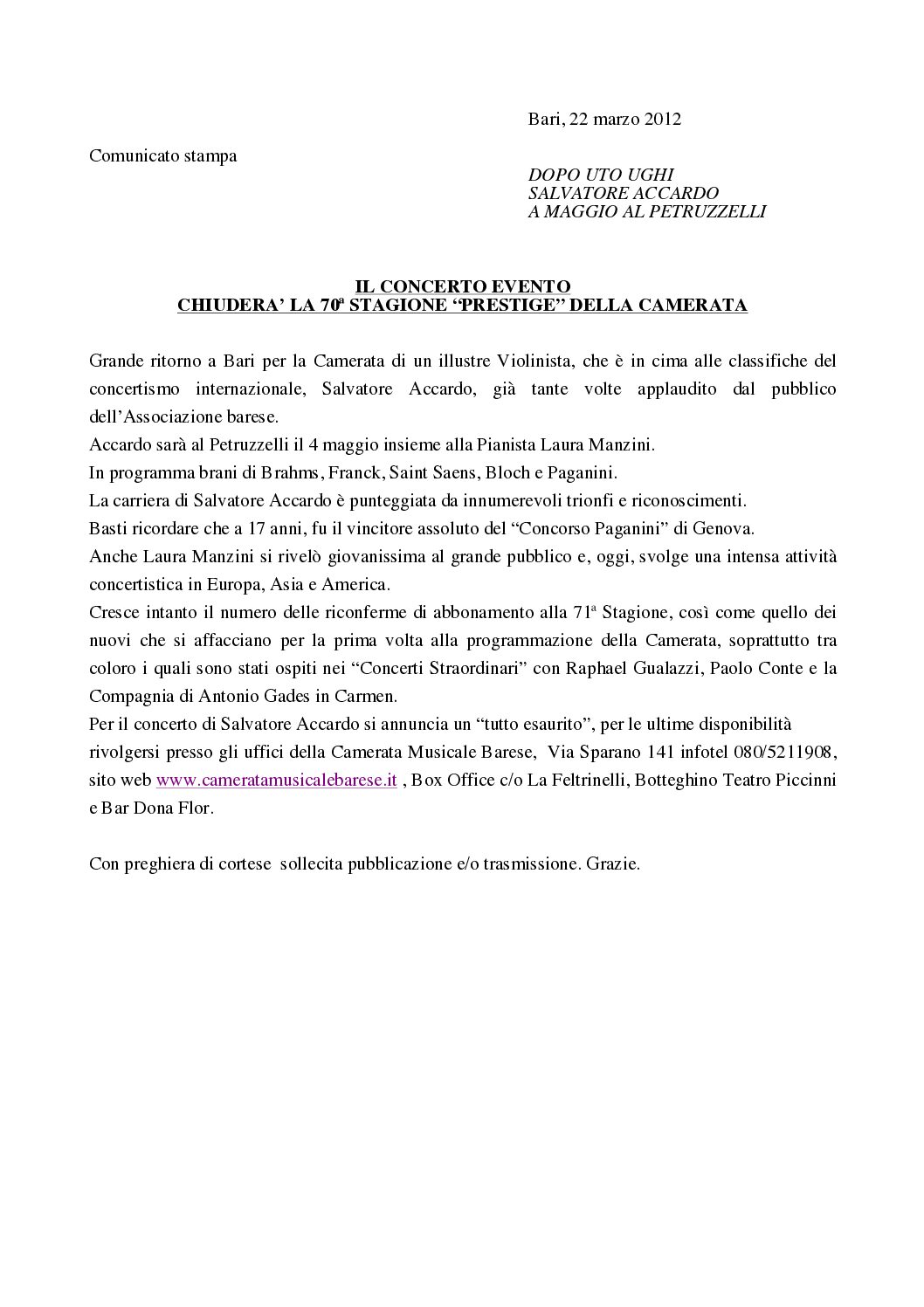 IL CONCERTO EVENTO CHIUDERA’ LA 70ª STAGIONE “PRESTIGE” DELLA CAMERATA