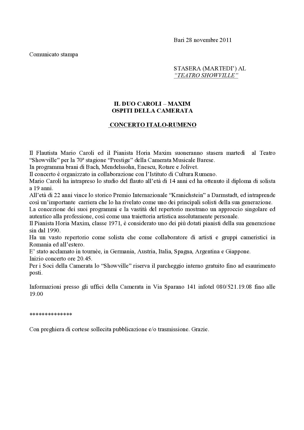IL DUO CAROLI – MAXIM OSPITI DELLA CAMERATA CONCERTO ITALO-RUMENO
