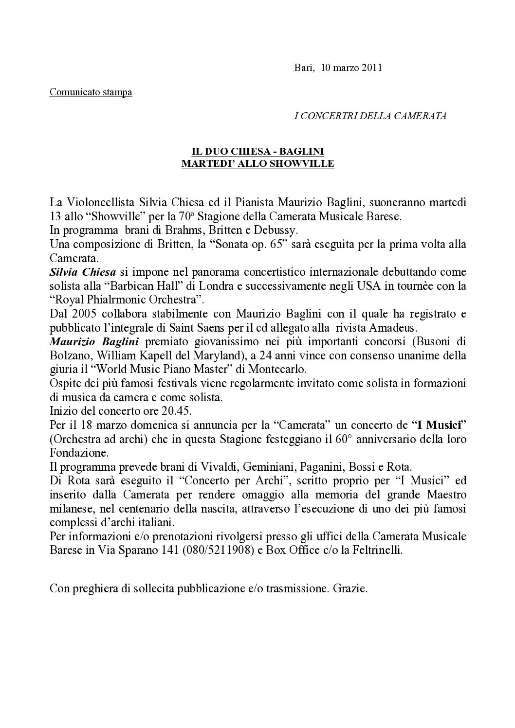 IL DUO CHIESA - BAGLINI MARTEDI’ ALLO SHOWVILLE