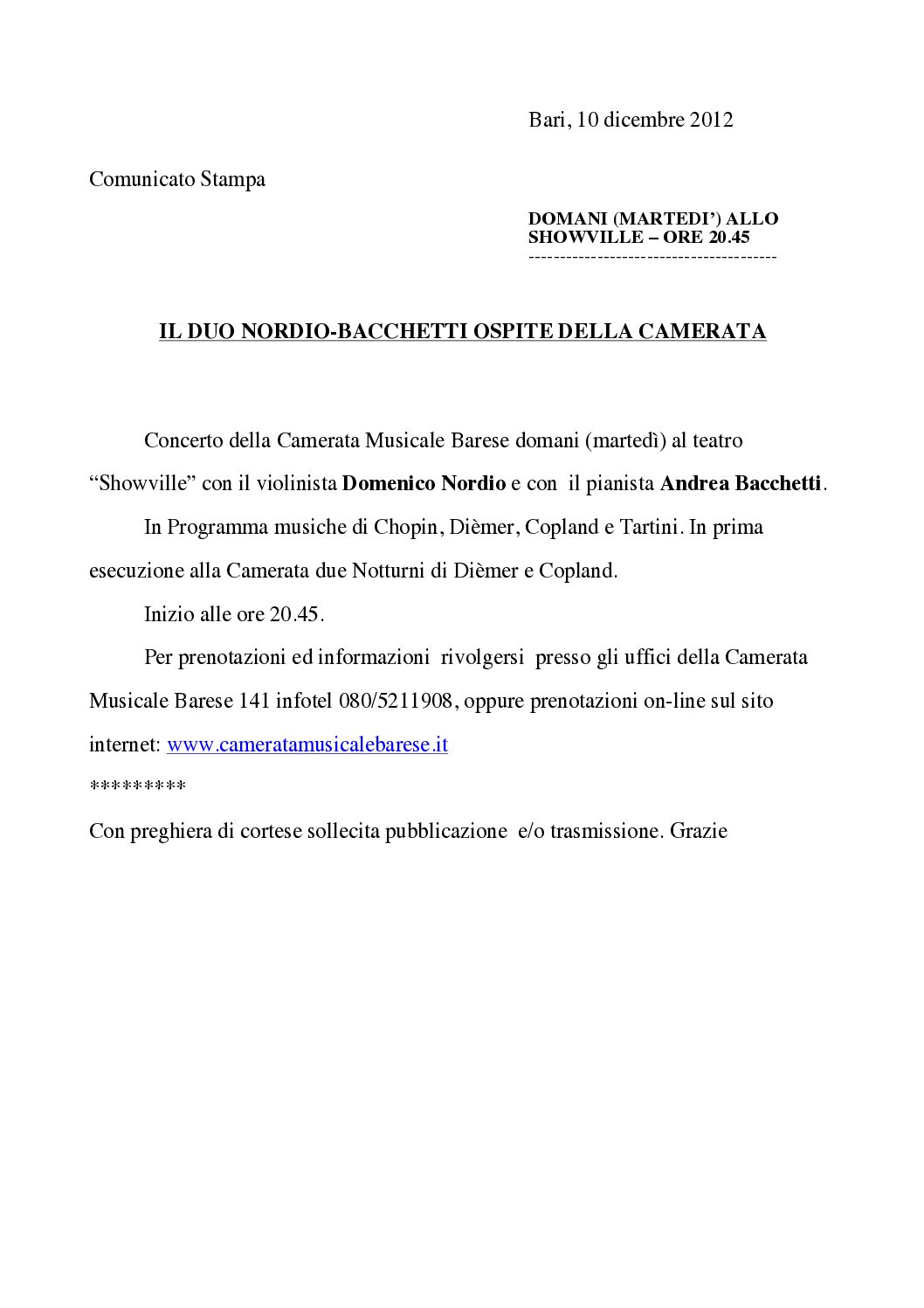 IL DUO NORDIO-BACCHETTI OSPITE DELLA CAMERATA