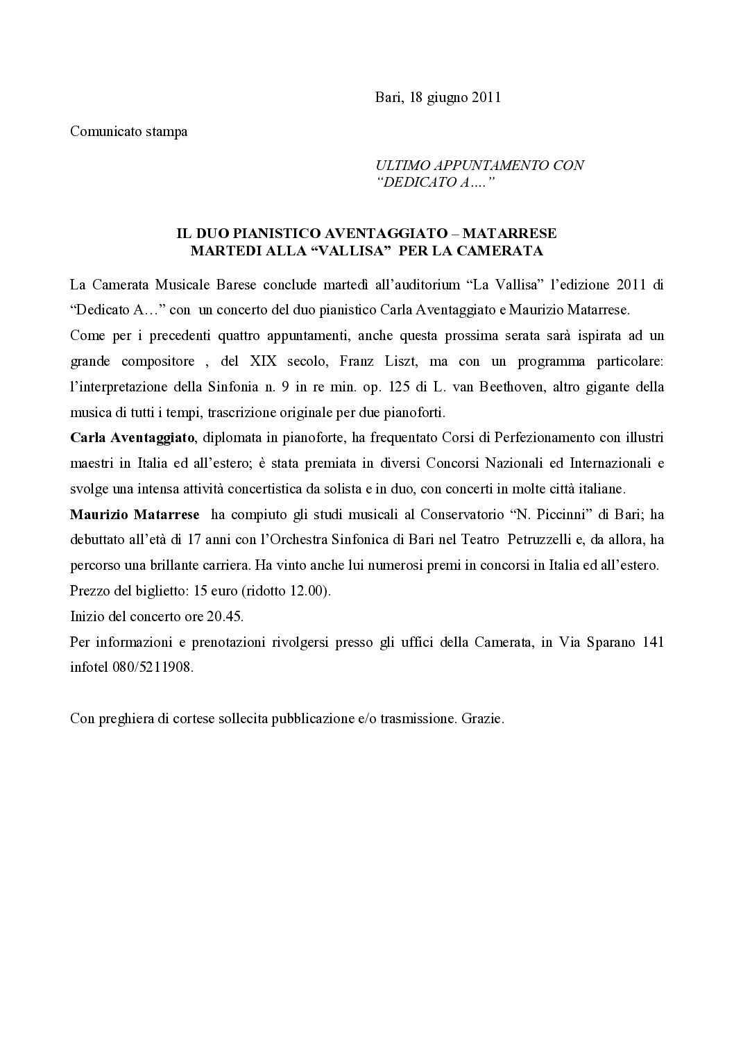 IL DUO PIANISTICO AVENTAGGIATO – MATARRESE MARTEDI ALLA “VALLISA” PER LA CAMERATA