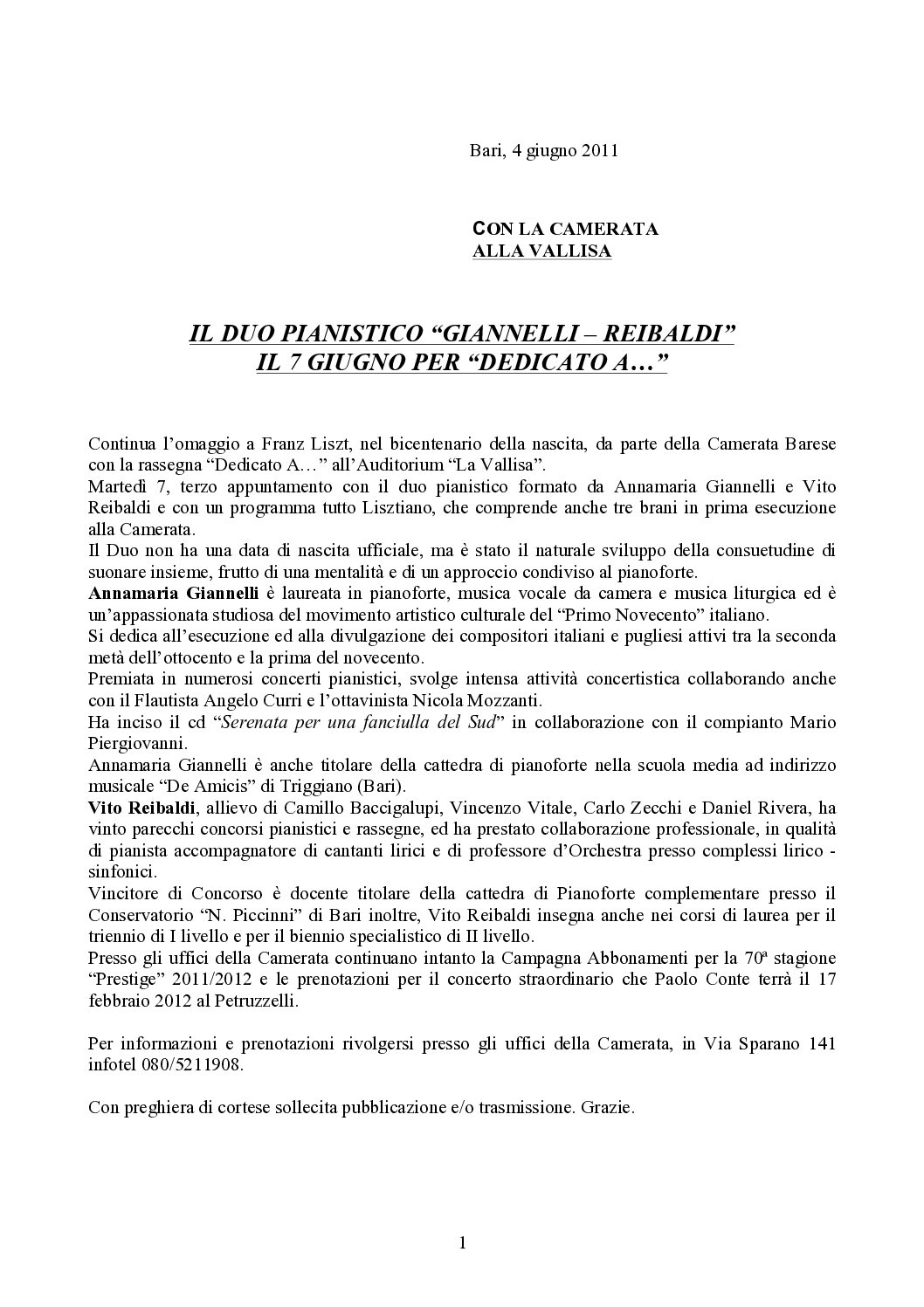 IL DUO PIANISTICO “GIANNELLI – REIBALDI” IL 7 GIUGNO PER “DEDICATO A…”