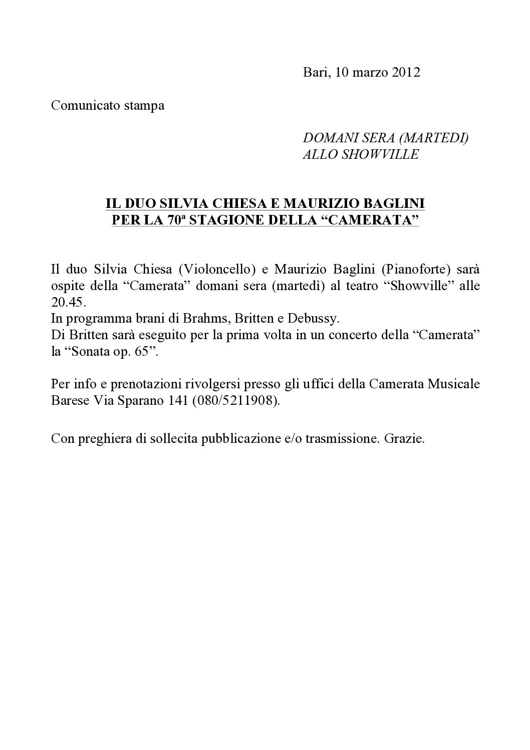 IL DUO SILVIA CHIESA E MAURIZIO BAGLINI PER LA 70ª STAGIONE DELLA “CAMERATA”