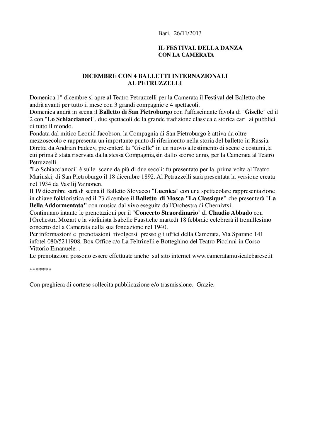 IL FESTIVAL DELLA DANZA CON LA CAMERATA. DICEMBRE CON 4 BALLETTI INTERNAZIONALI AL PETRUZZELLI