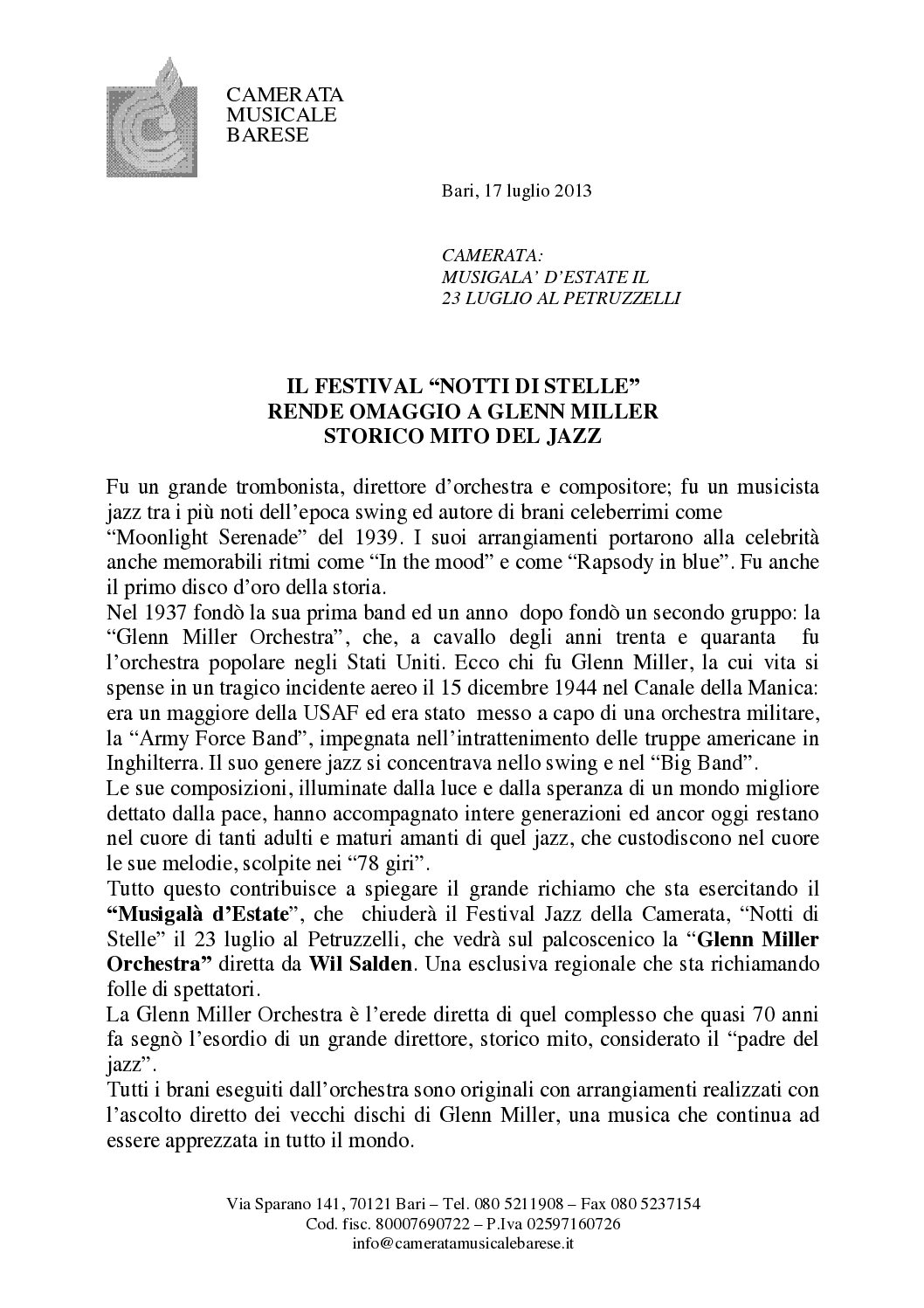 IL FESTIVAL “NOTTI DI STELLE” RENDE OMAGGIO A GLENN MILLER STORICO MITO DEL JAZZ