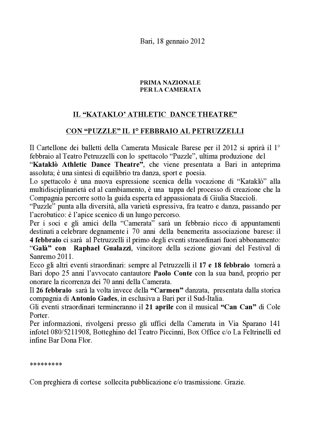 IL “KATAKLO’ ATHLETIC DANCE THEATRE” CON “PUZZLE” IL 1° FEBBRAIO AL PETRUZZELLI