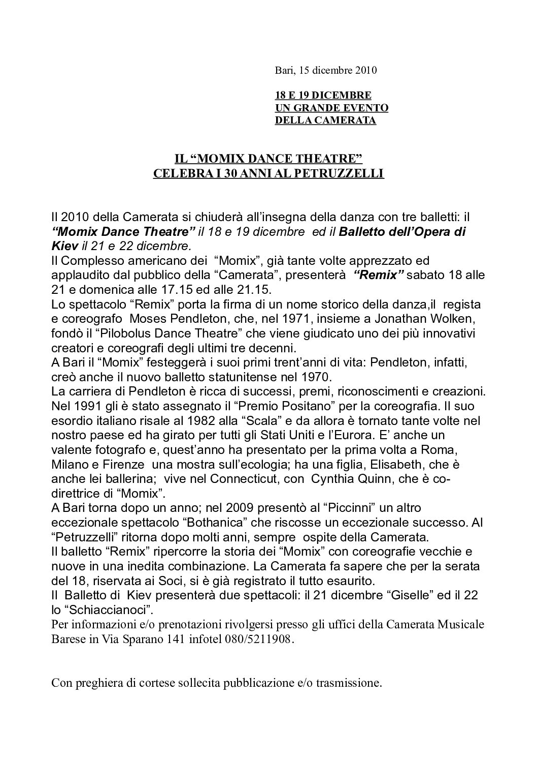 IL “MOMIX DANCE THEATRE” CELEBRA I 30 ANNI AL PETRUZZELLI