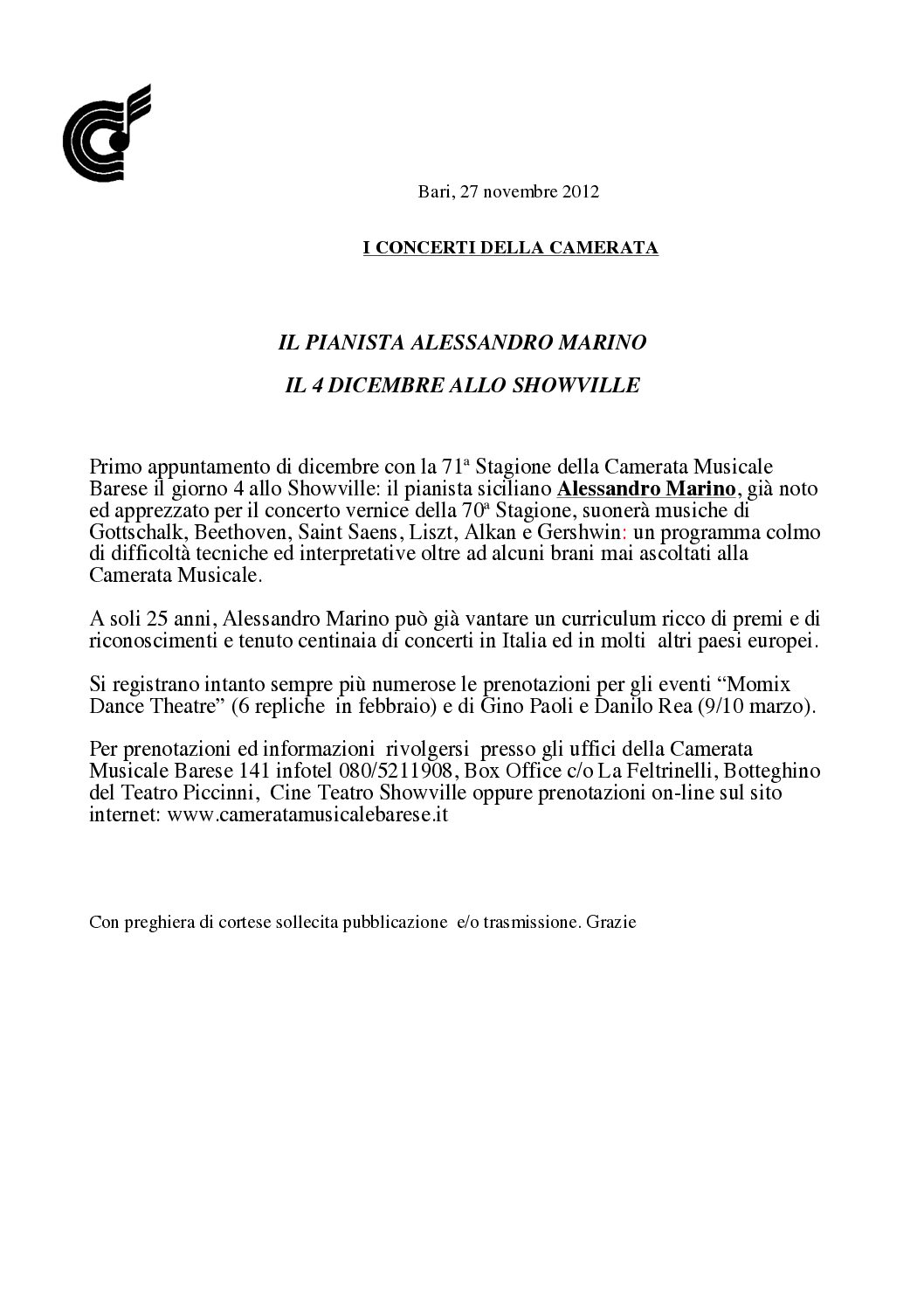 IL PIANISTA ALESSANDRO MARINO IL 4 DICEMBRE ALLO SHOWVILLE