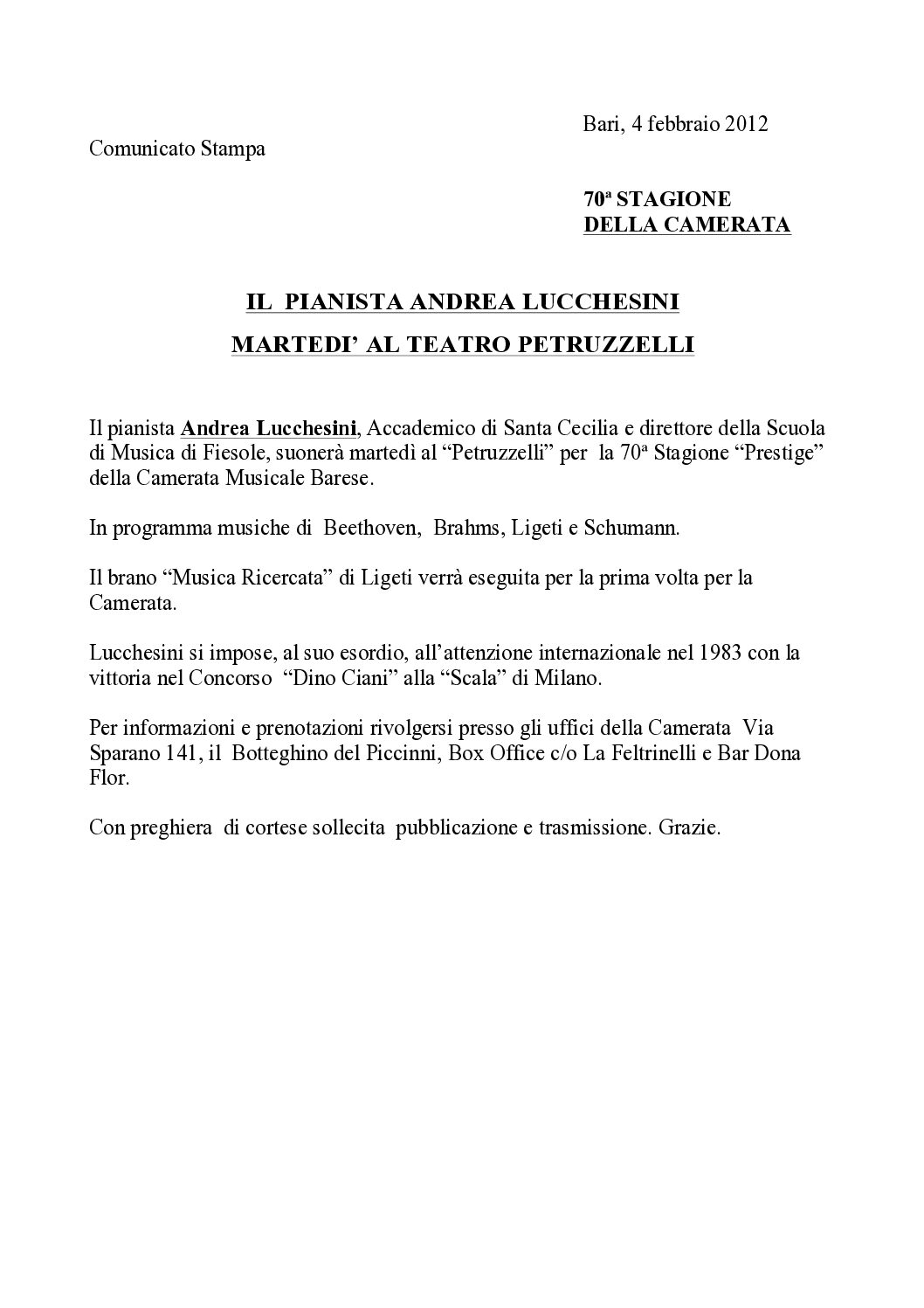IL PIANISTA ANDREA LUCCHESINI MARTEDI’ AL TEATRO PETRUZZELLI