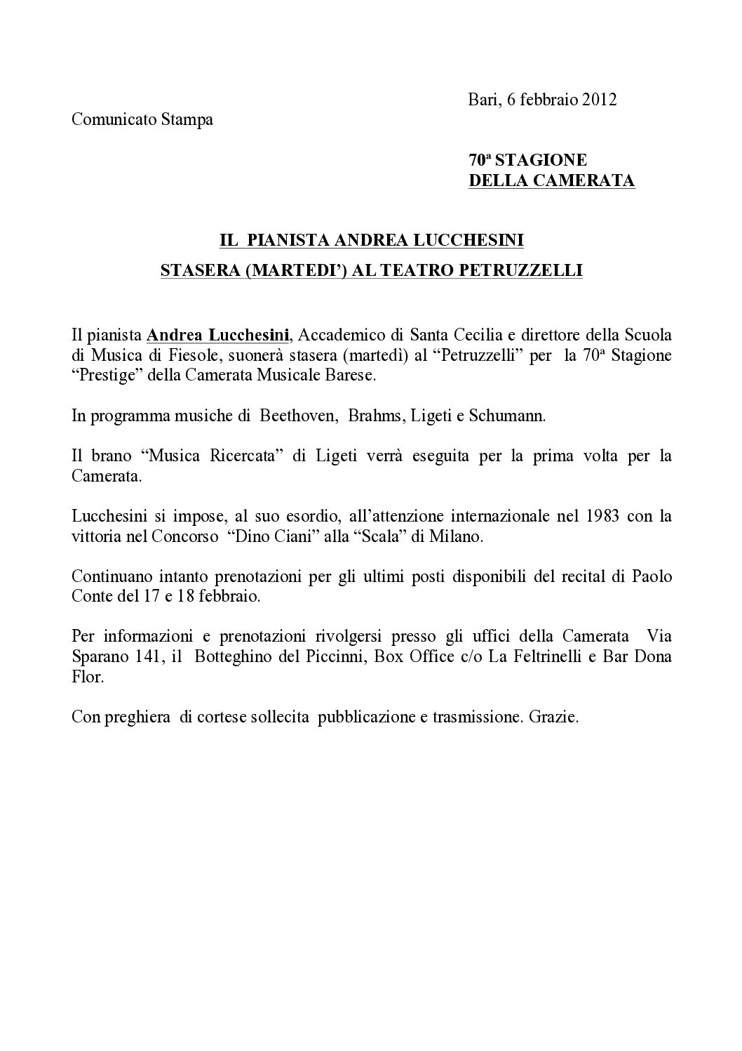 IL PIANISTA ANDREA LUCCHESINI STASERA (MARTEDI’) AL TEATRO PETRUZZELLI