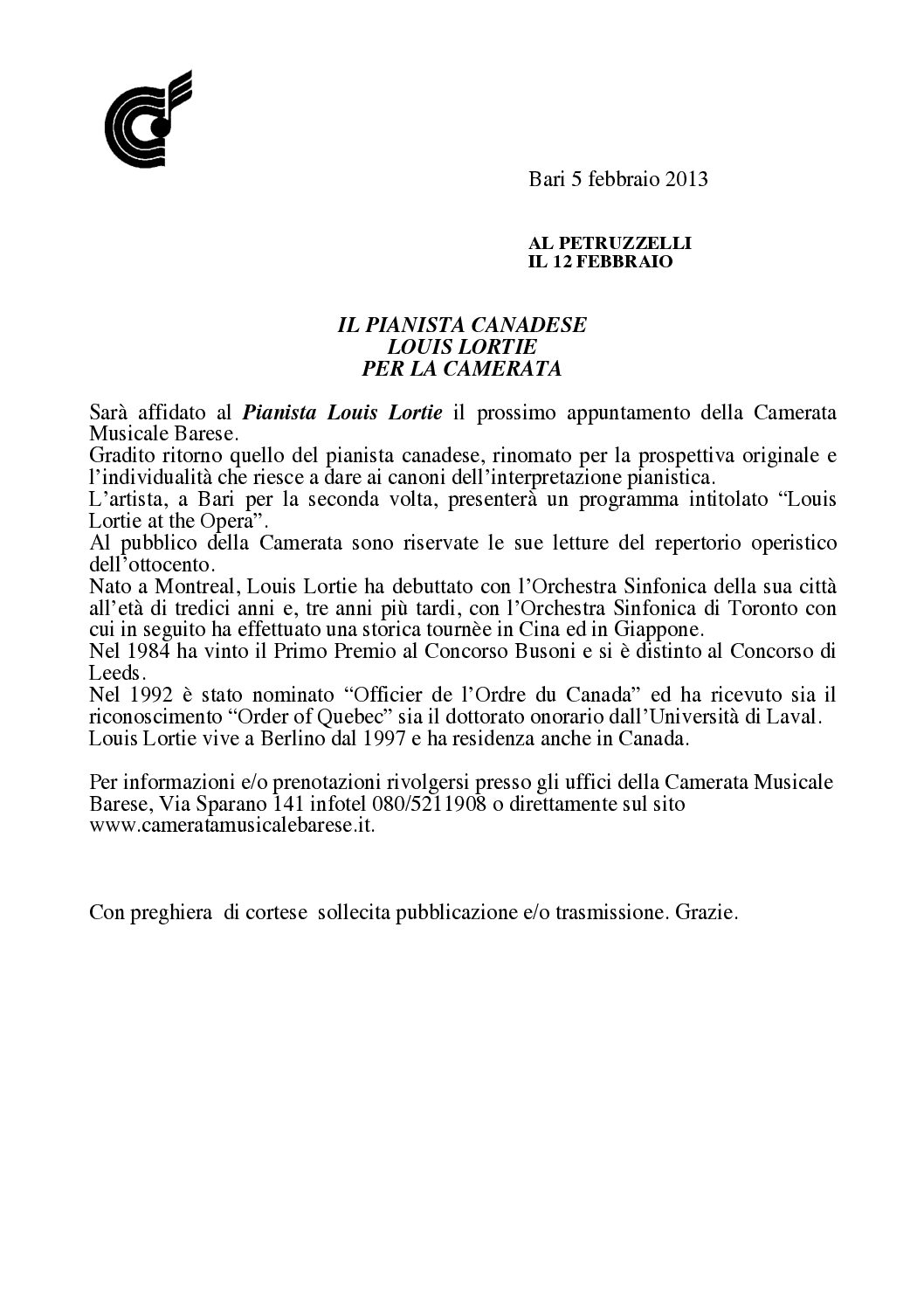 IL PIANISTA CANADESE LOUIS LORTIE PER LA CAMERATA