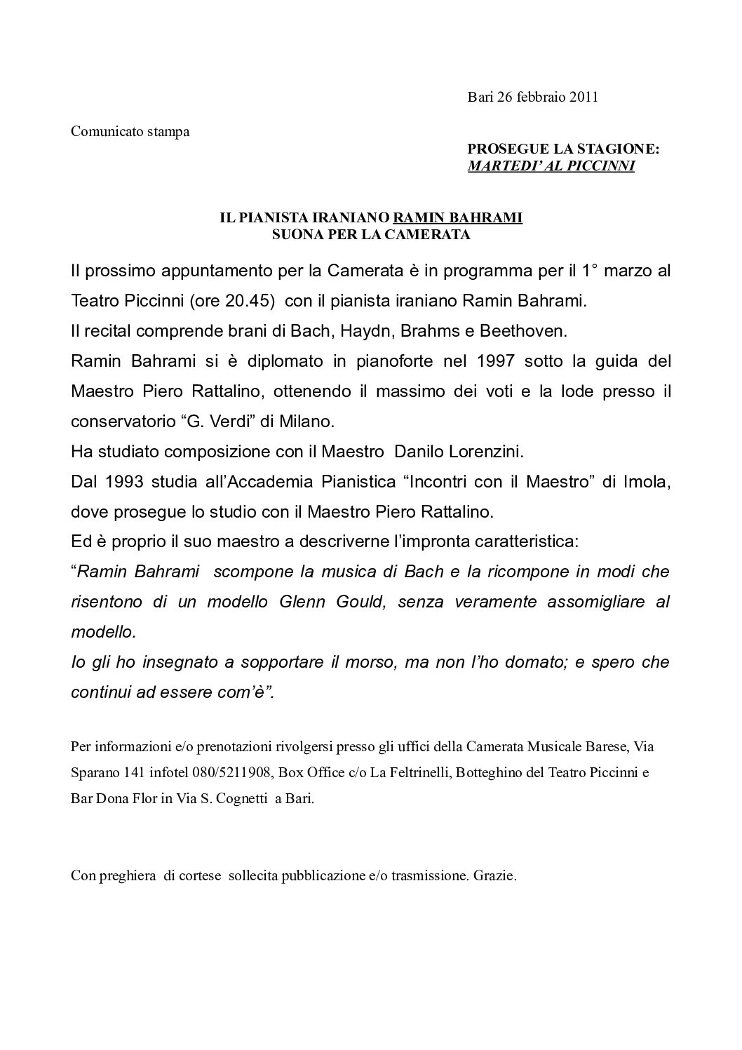 IL PIANISTA IRANIANO RAMIN BAHRAMI SUONA PER LA CAMERATA