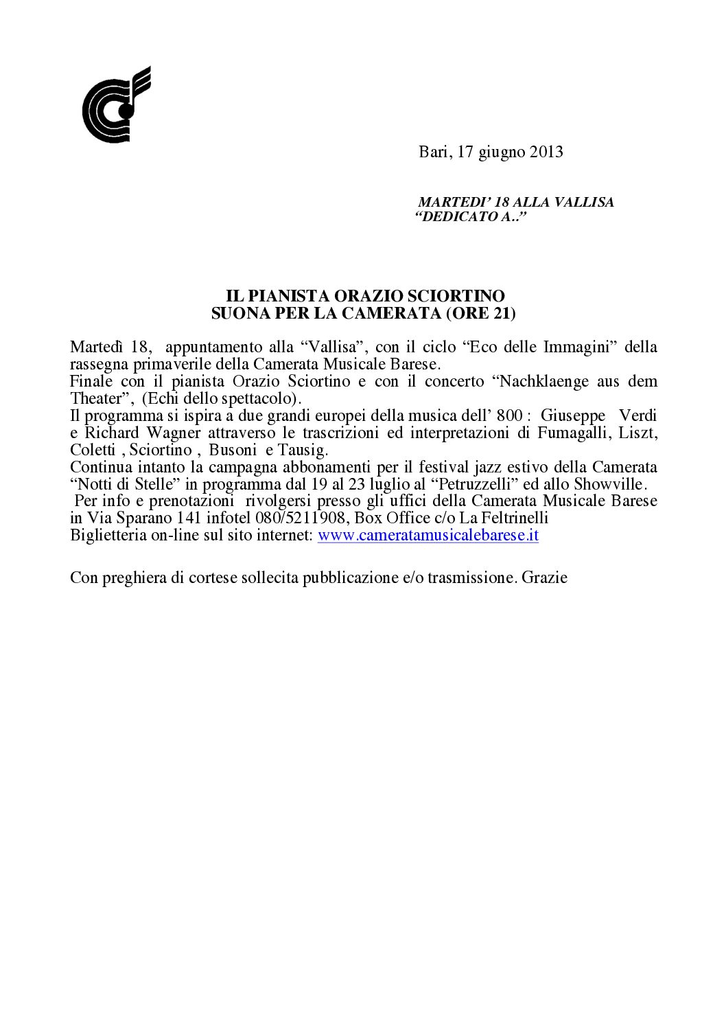 IL PIANISTA ORAZIO SCIORTINO SUONA PER LA CAMERATA (ORE 21)