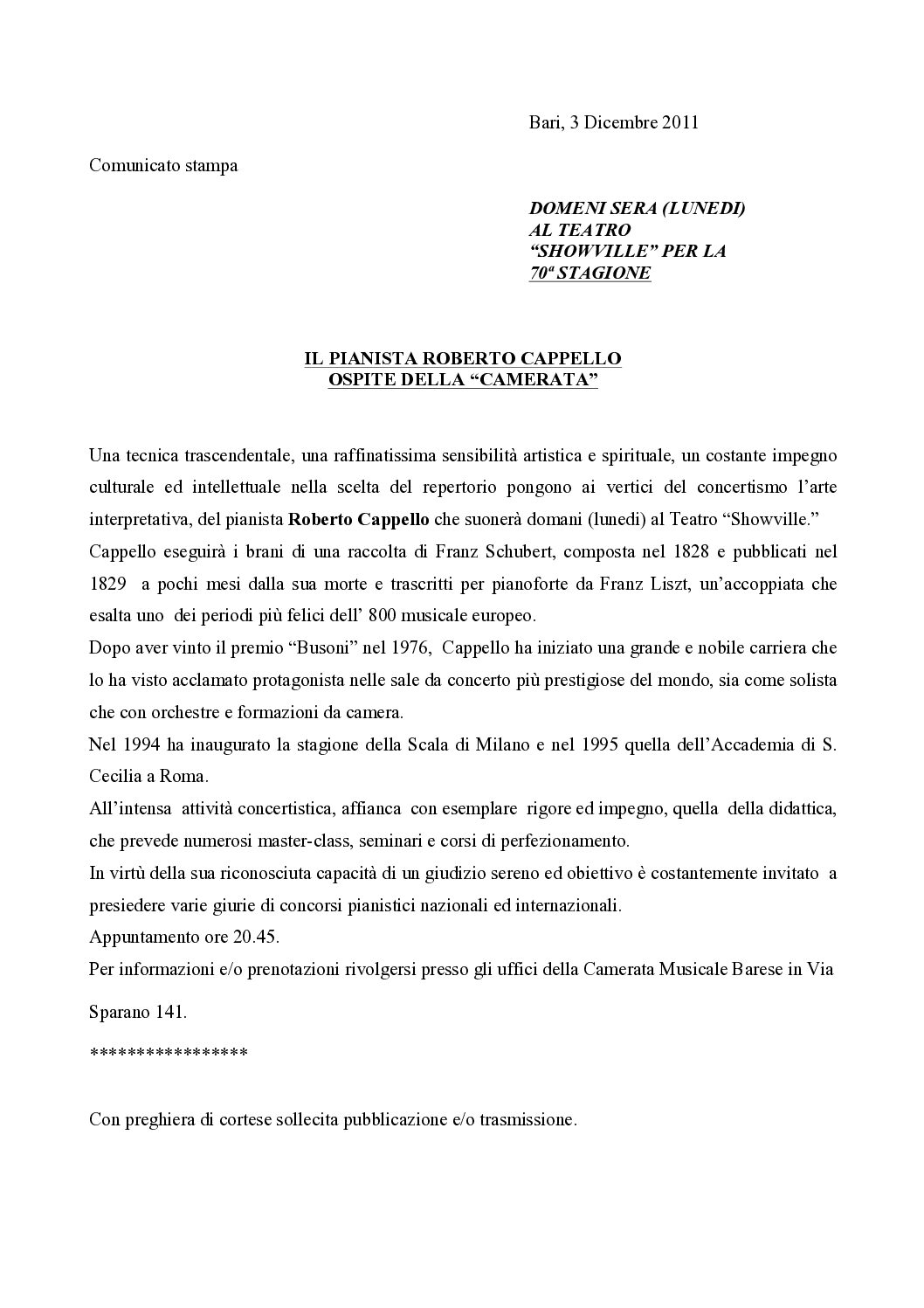 IL PIANISTA ROBERTO CAPPELLO OSPITE DELLA “CAMERATA”