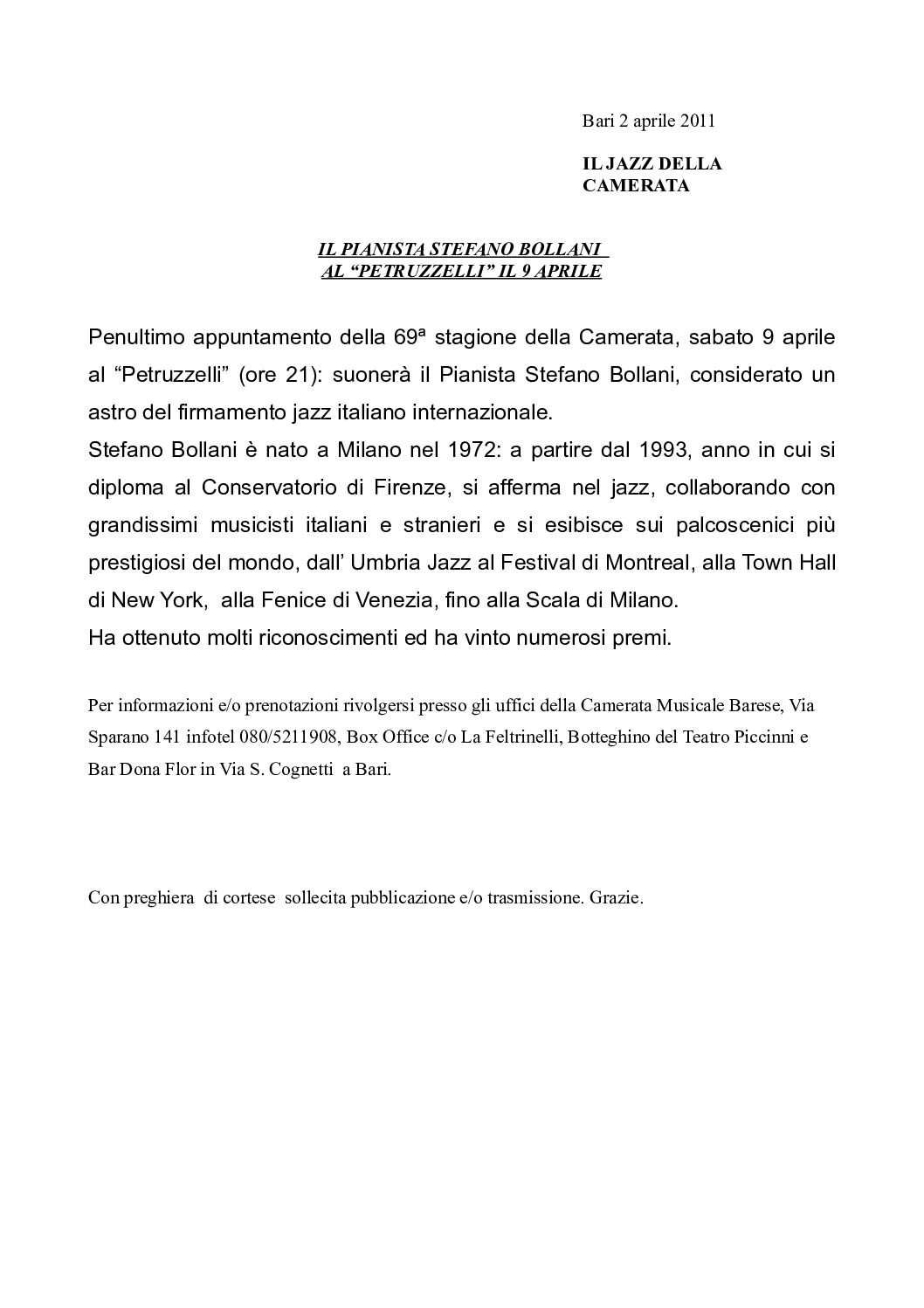 IL PIANISTA STEFANO BOLLANI AL “PETRUZZELLI” IL 9 APRILE