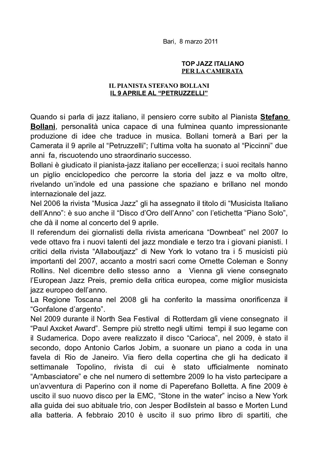 IL PIANISTA STEFANO BOLLANI IL 9 APRILE AL “PETRUZZELLI”
