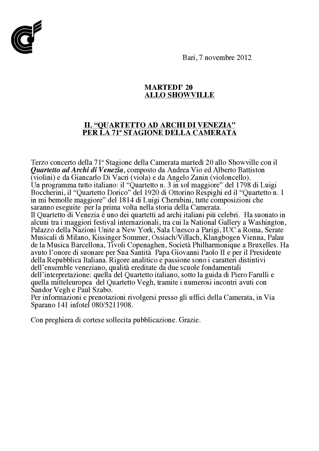 IL “QUARTETTO AD ARCHI DI VENEZIA” PER LA 71ª STAGIONE DELLA CAMERATA