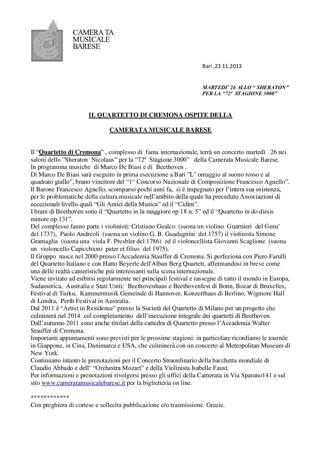 IL QUARTETTO DI CREMONA OSPITE DELLA CAMERATA MUSICALE BARESE