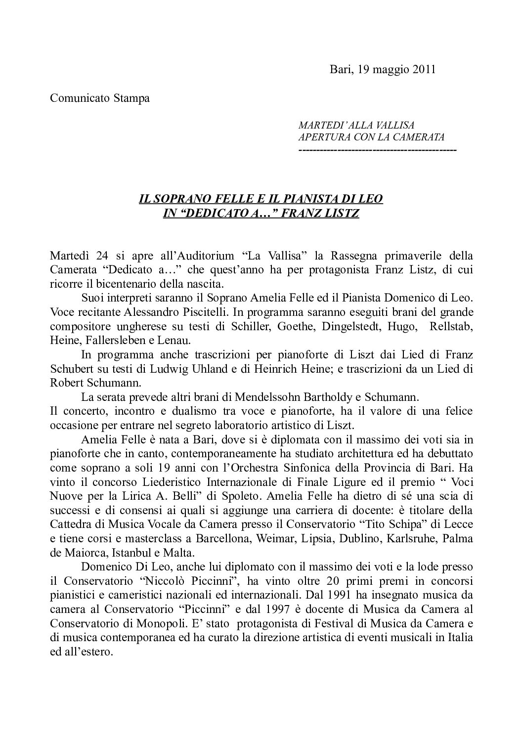 IL SOPRANO FELLE E IL PIANISTA DI LEO IN “DEDICATO A…” FRANZ LISTZ