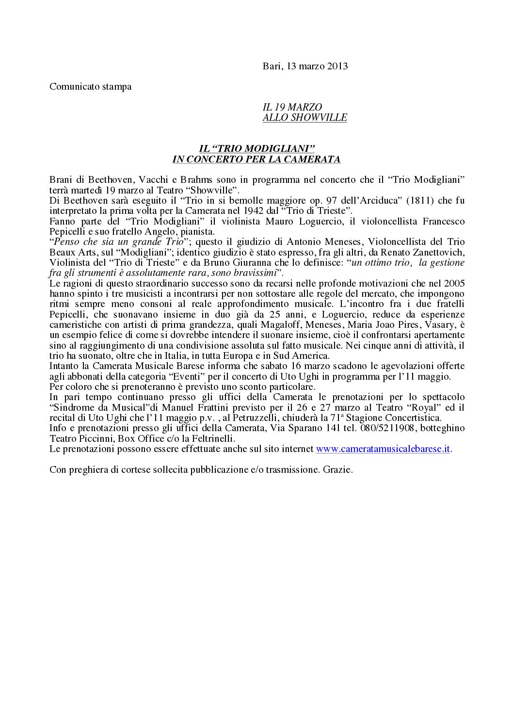 IL “TRIO MODIGLIANI” IN CONCERTO PER LA CAMERATA