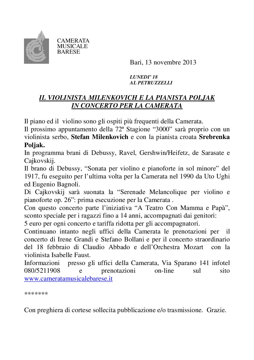 IL VIOLINISTA MILENKOVICH E LA PIANISTA POLJAK IN CONCERTO PER LA CAMERATA