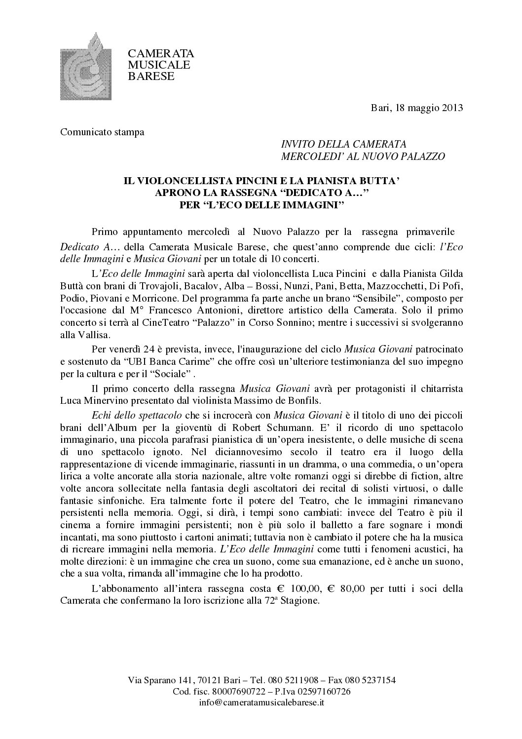IL VIOLONCELLISTA PINCINI E LA PIANISTA BUTTA’ APRONO LA RASSEGNA “DEDICATO A…” PER “L’ECO DELLE IMMAGINI”