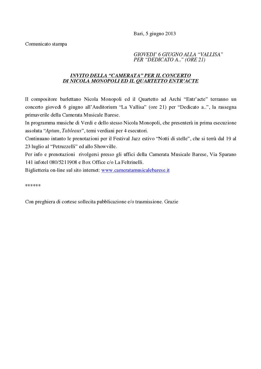 INVITO DELLA “CAMERATA” PER IL CONCERTO DI NICOLA MONOPOLI ED IL QUARTETTO ENTR’ACTE
