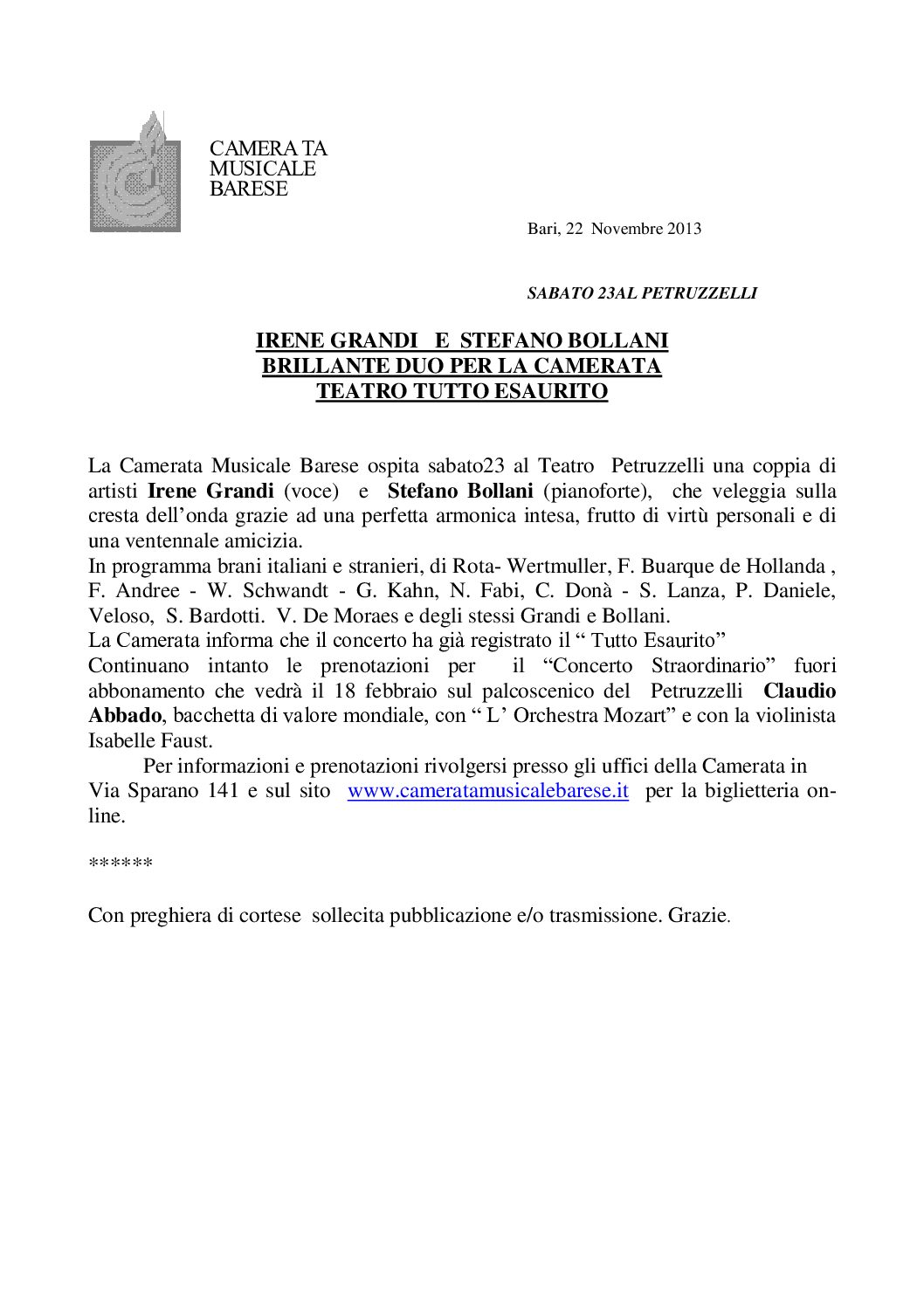 IRENE GRANDI E STEFANO BOLLANI BRILLANTE DUO PER LA CAMERATA TEATRO TUTTO ESAURITO