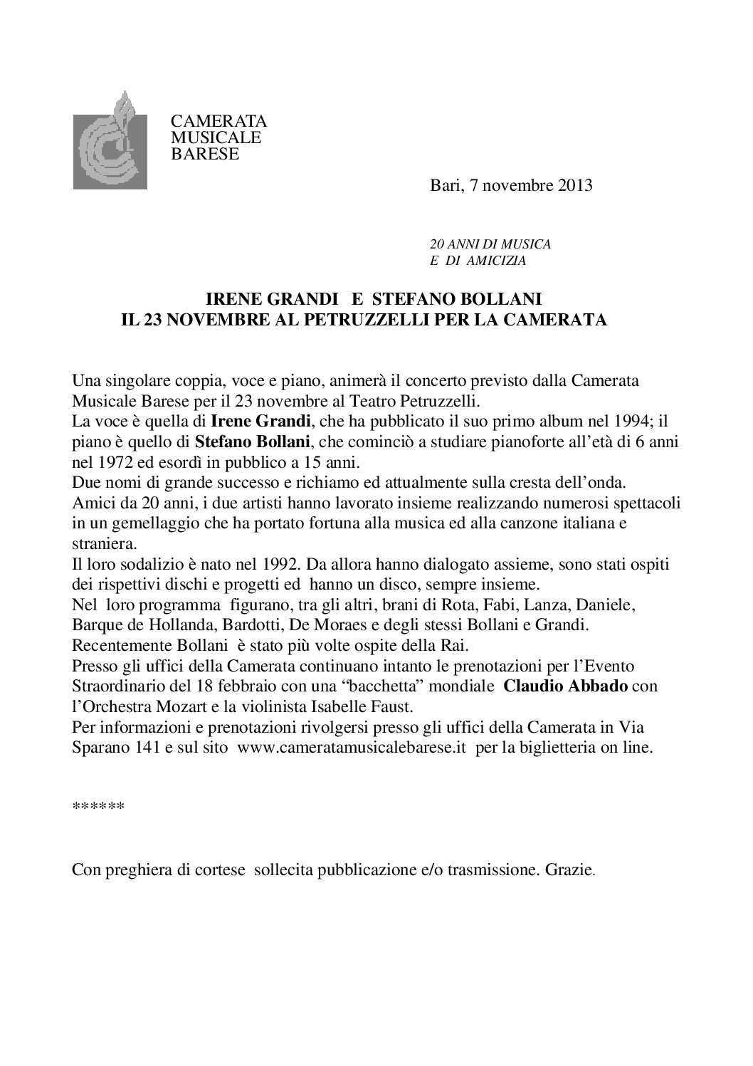 IRENE GRANDI E STEFANO BOLLANI - IL 23 NOVEMBRE AL PETRUZZELLI PER LA CAMERATA