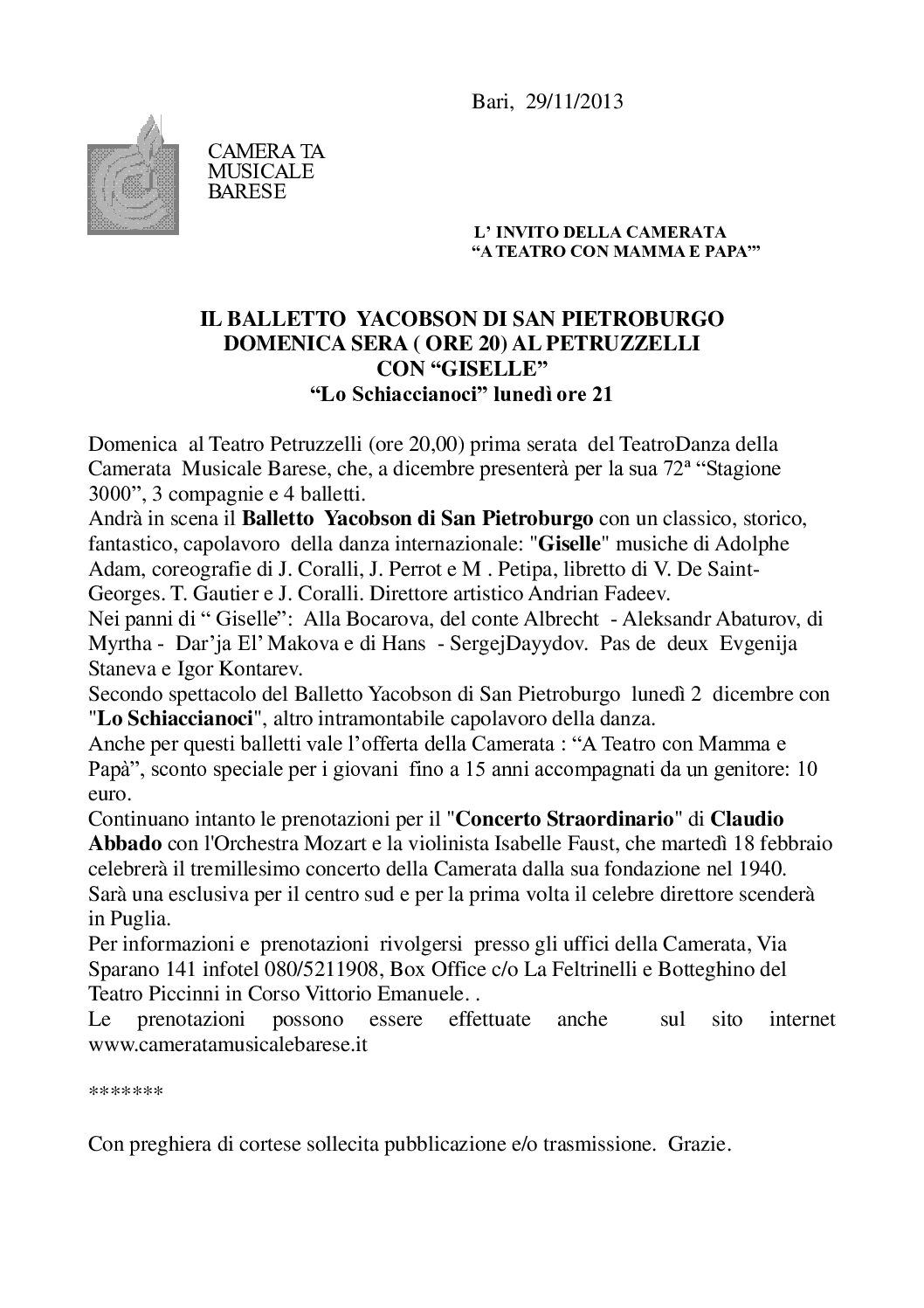 L'invito della Camerata "A teatro con mamma e papà". IL BALLETTO YACOBSON DI SAN PIETROBURGO DOMENICA SERA ( ORE 20) AL PETRUZZELLI CON “GISELLE”